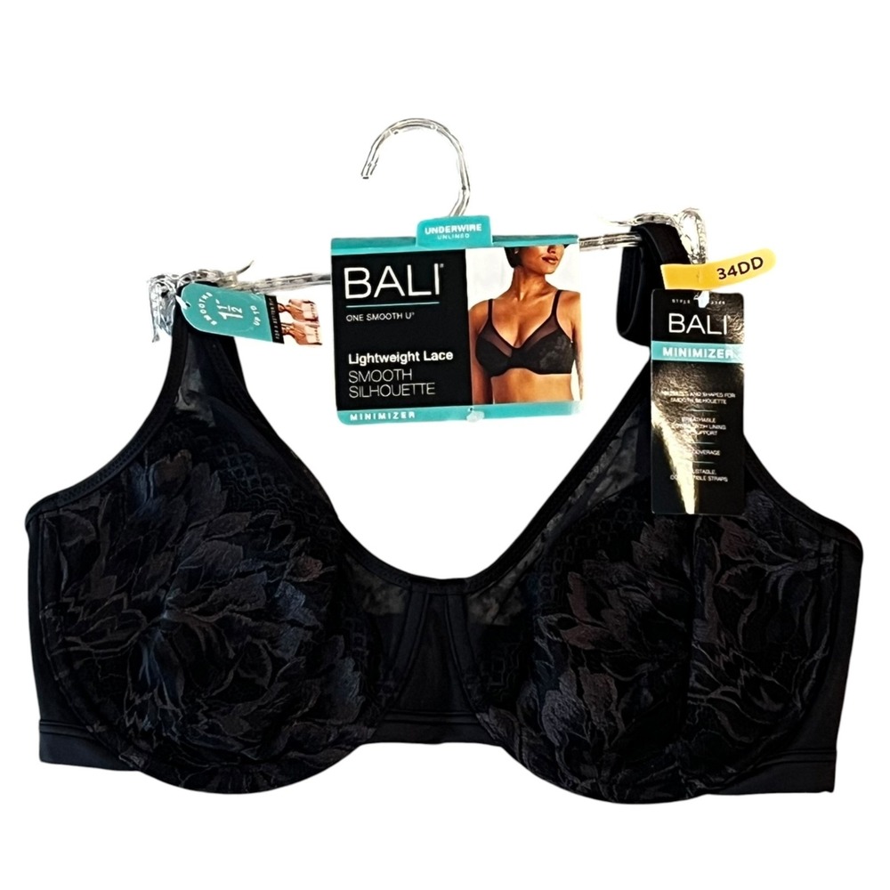 NWT Bali One Smooth U Bra DF3386 Womens 34DD Black Lightweight Lace Underwire